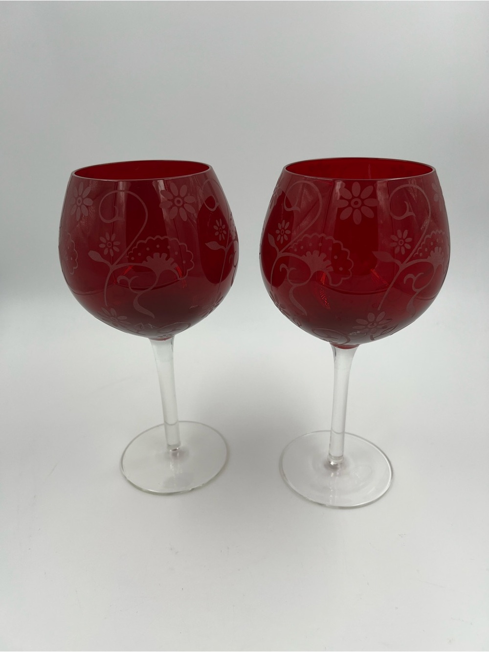 Vintage Coldwater Creek Etched Ruby Red Floral Balloon Wine Glasses - Pair